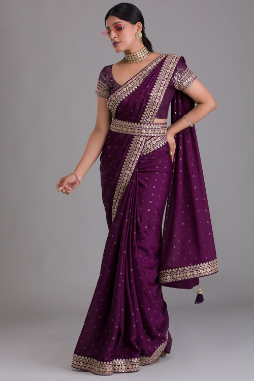 Embroidered Art Silk Dark Purple Saree