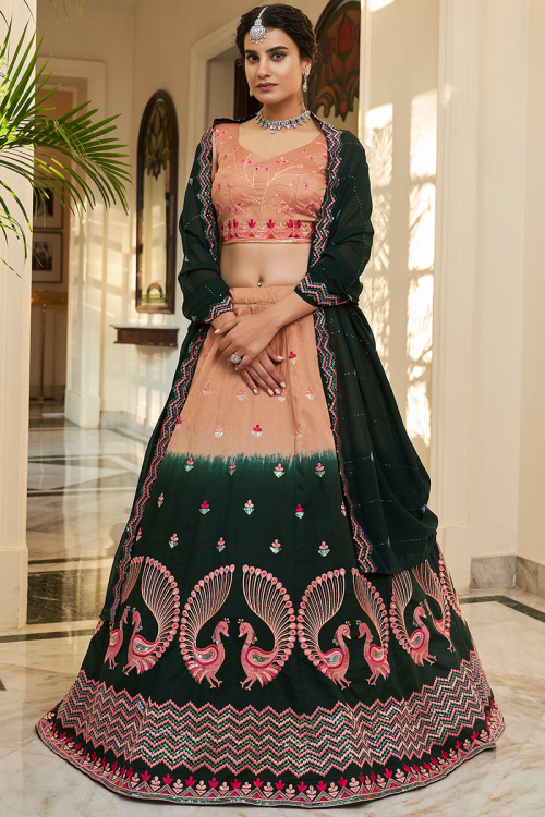 Embroidered Art Silk Lehenga in Bottle Green and Peach 