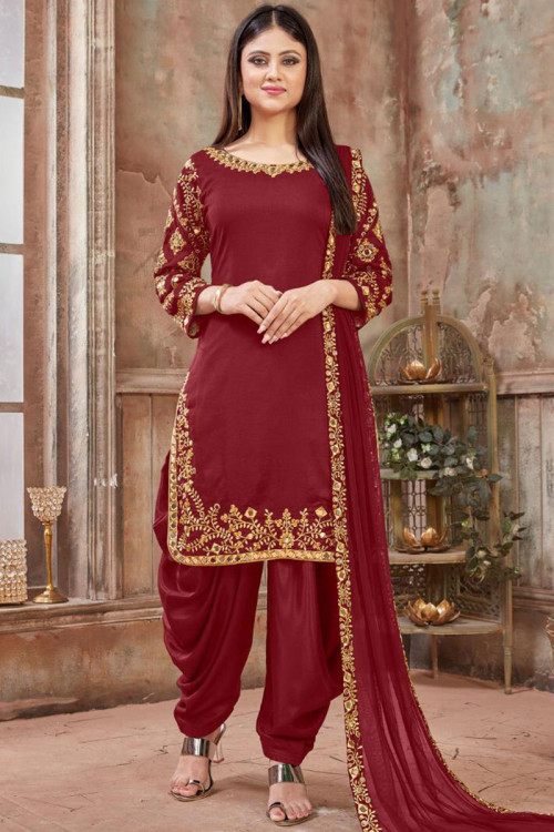Buy Rose Red Georgette Mirror Embroidered Anarkali Suit Party Wear Online  at Best Price | Cbazaar