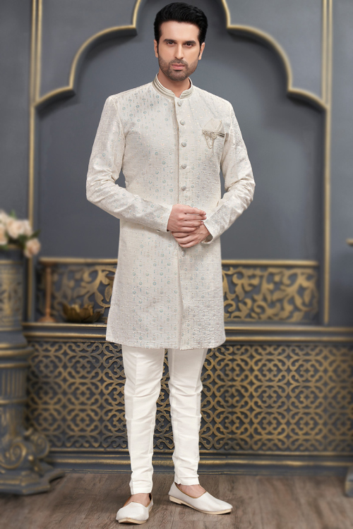 Embroidered Art Silk Off White Straight Cut Men's Sherwani 