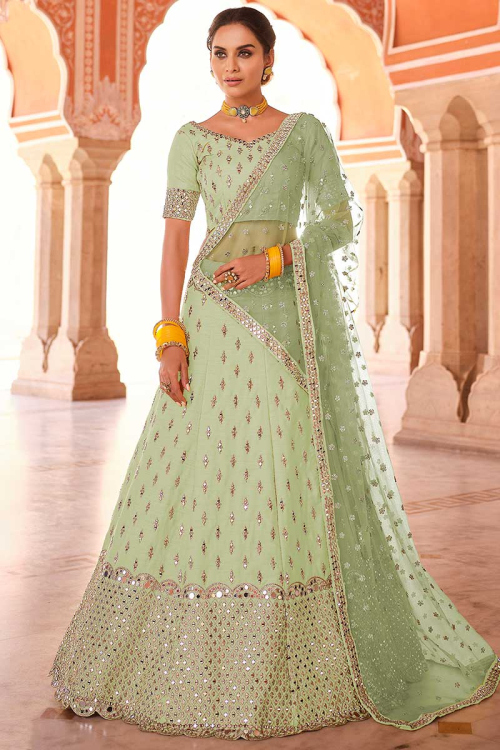 Embroidered Art Silk Pistachio Green Lehenga