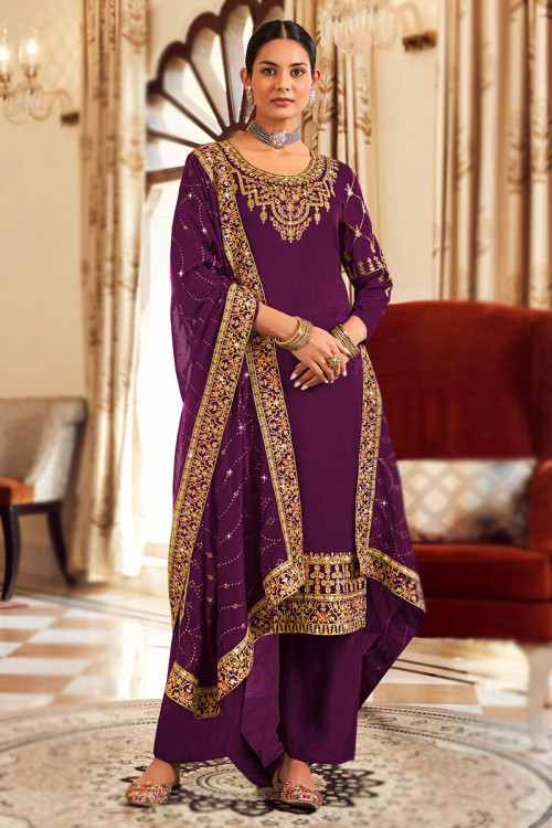 Embroidered Art Silk Plum Purple Pakistani Palazzo Suit 
