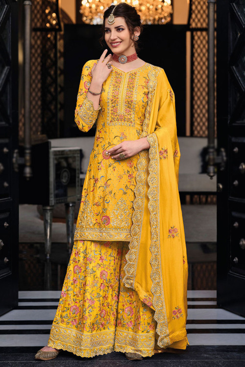 Embroidered Art Silk Side Slit Palazzo Suit In Mustard Yellow 
