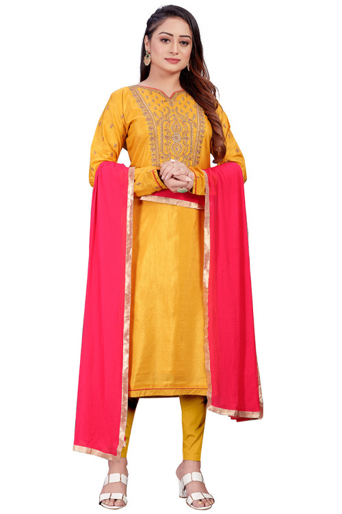 Embroidered Art Silk Turmeric Yellow Straight Cut Suit