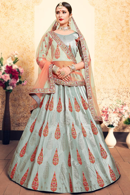 Embroidered Ash Grey Satin Panelled Lehenga