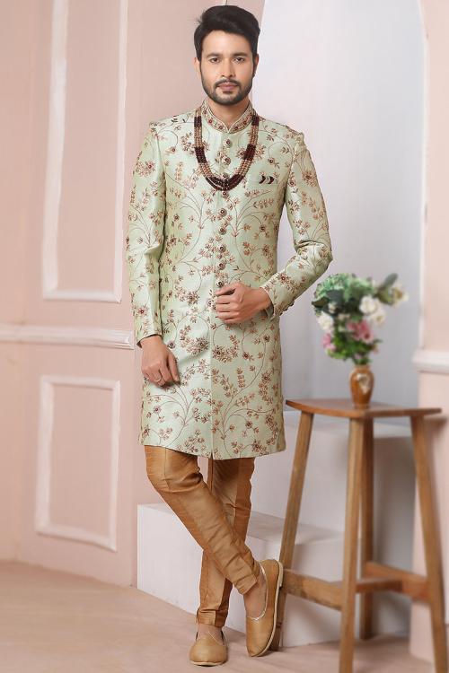 Embroidered Banarasi Silk Mint Green Men's Sherwani with Churidar