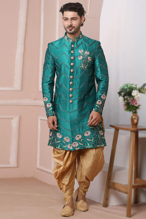 Embroidered Banarasi Silk Persian Green Men's Sherwani 