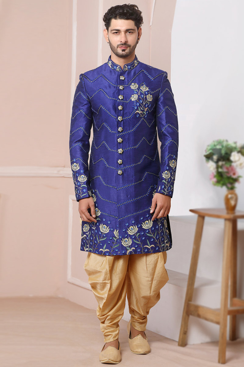 Embroidered Banarasi Silk Royal Blue Men's Sherwani