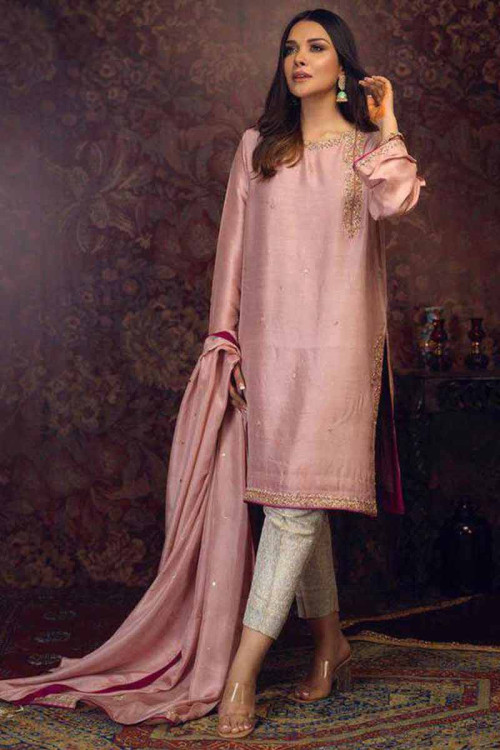 Embroidered Bangalori Silk Pastel Pink Eid Wear Trouser Suit