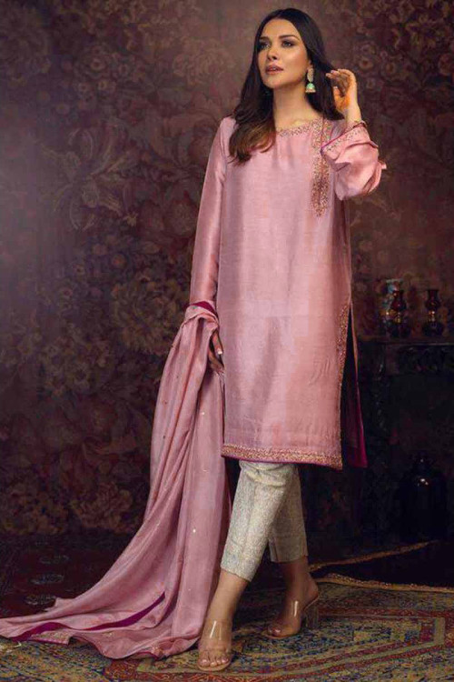 Pastel Pink Eid Wear Stone Work Trouser Suit in Bangalori Silk