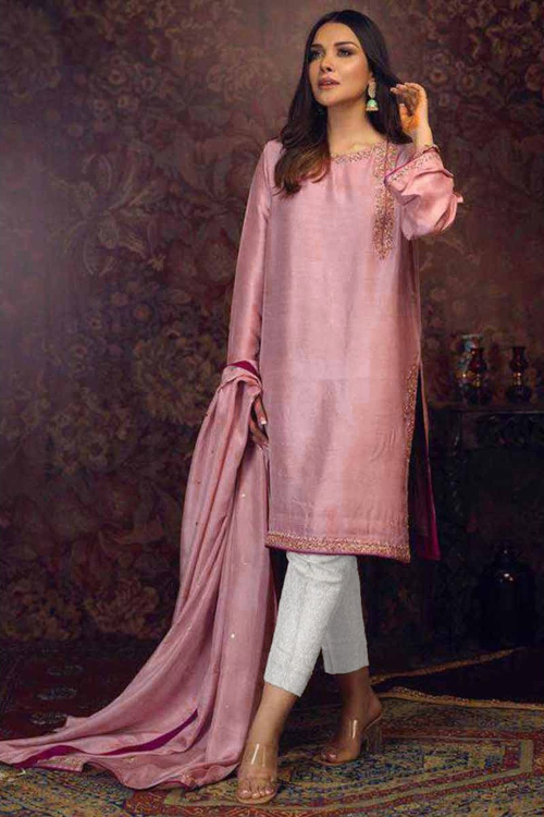 Pastel Pink Wedding Wear Stone Work Trouser Suit in Bangalori Silk