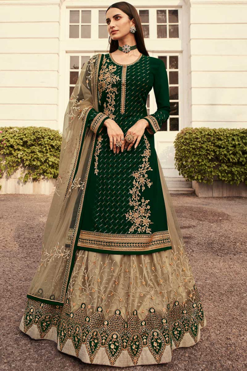 Embroidered Beige Net A-Line Lehenga