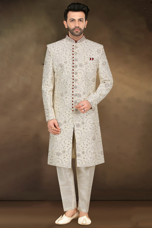 Embroidered Beige Silk Men's Sherwani For Embroidered 