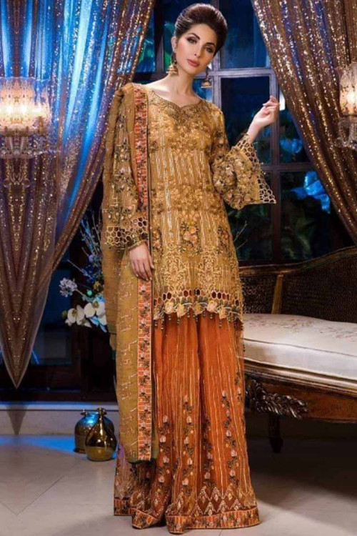 Embroidered Beige With Orange Palazzo Pant Suit 