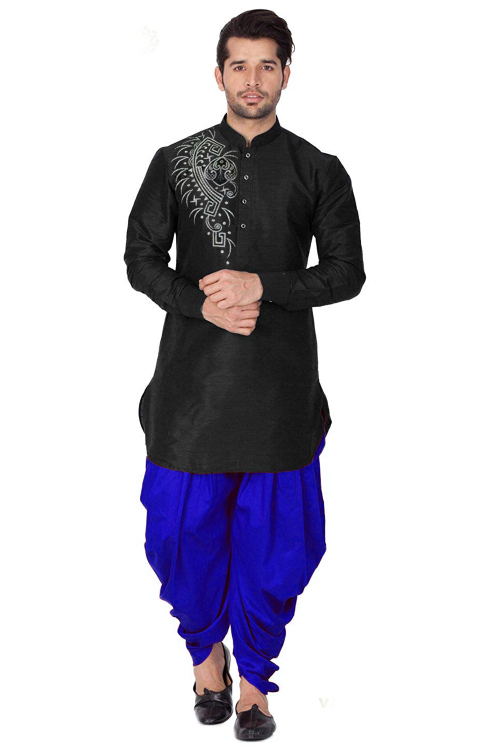 Embroidered Black Dupion Silk Straight Cut Men's Kurta With Dhoti