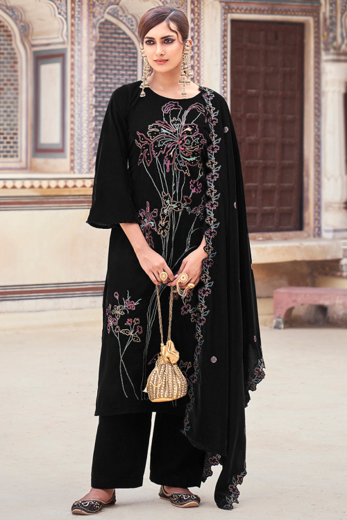 Embroidered Black Velvet Straight Cut Palazzo Suit