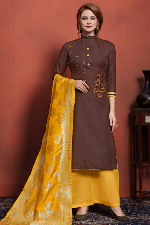 Embroidered Brown Cotton Straight Cut Palazzo Suit 