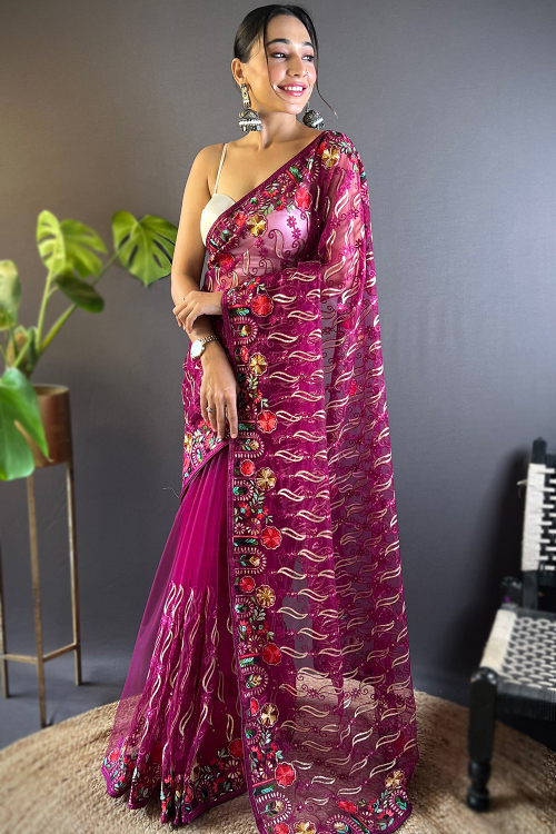 Embroidered Burgundy Maroon Net Light Weight Saree