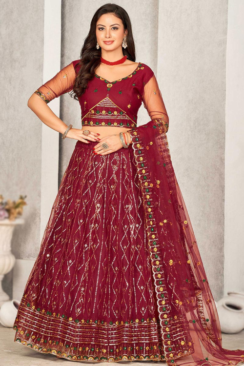 Embroidered Burgundy Maroon Net Panelled Style Lehenga