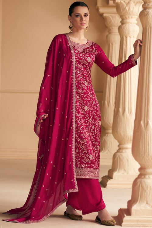 Embroidered Burgundy Maroon Silk Palazzo Suit For Sangeet