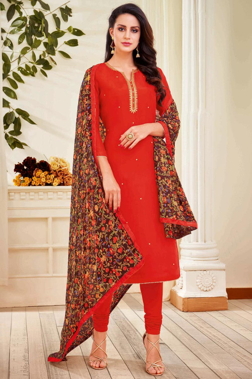 Embroidered Chanderi Cotton Red Churidar Suit