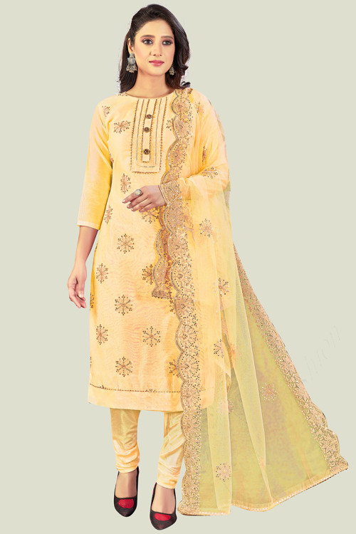 Embroidered Chanderi Mustard Yellow Churidar Suit