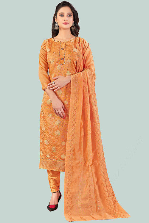 Embroidered Chanderi Orange Churidar Suit