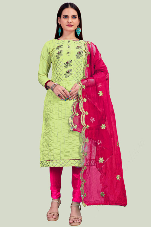 Embroidered Chanderi Pear Green Churidar Suit