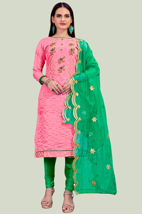 Embroidered Chanderi Punch Pink Churidar Suit