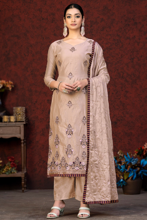 Embroidered Chanderi Silk Beige Straight Cut Palazzo Suit 