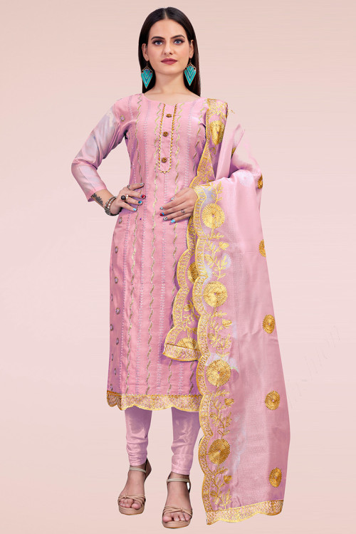 Embroidered Chanderi Silk Lavender Pink Churidar Suit