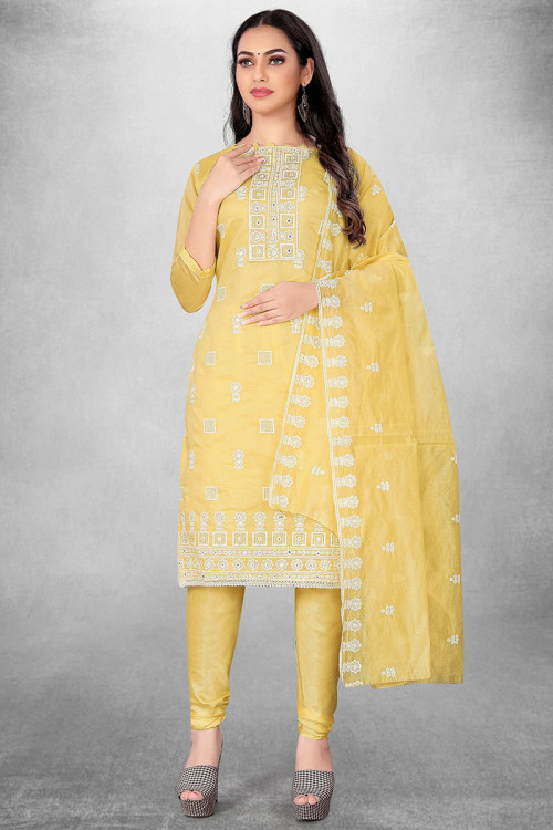 Embroidered Chanderi Silk Light Yellow Churidar Suit