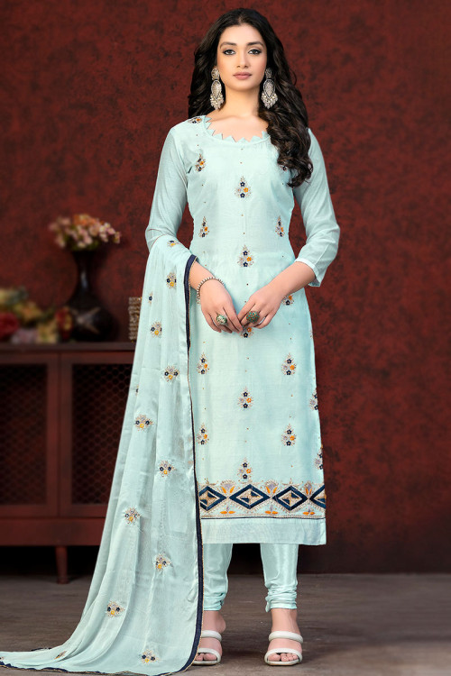Embroidered Chanderi Silk Mint Blue Churidar Suit 