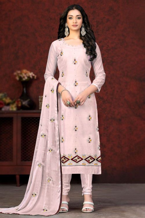 Embroidered Chanderi Silk Pale Pink Churidar Suit 
