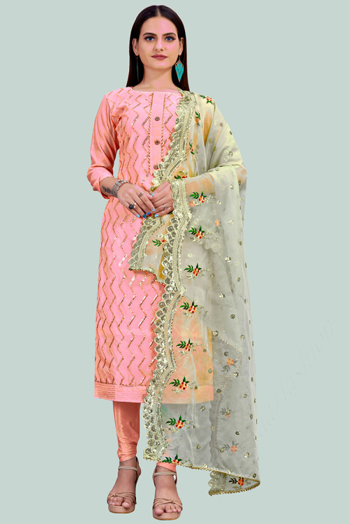 Embroidered Chanderi Silk Pink Churidar Suit