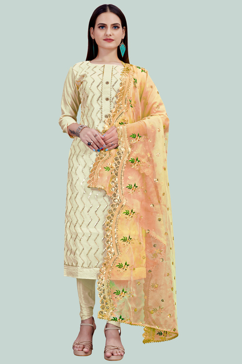 Embroidered Chanderi Silk Pistachio Green Churidar Suit