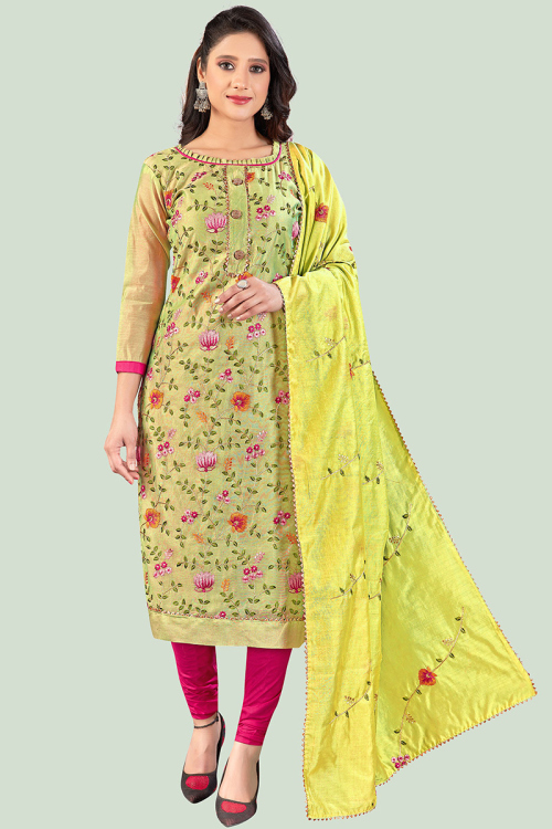 Embroidered Chanderi Yellow Churidar Suit