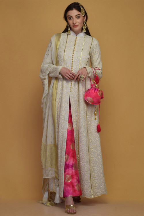 Embroidered Chikankari White Anarkali Suit for Eid