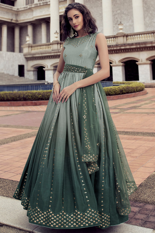 Embroidered Chinnon Dusty Green Anarkali Suit