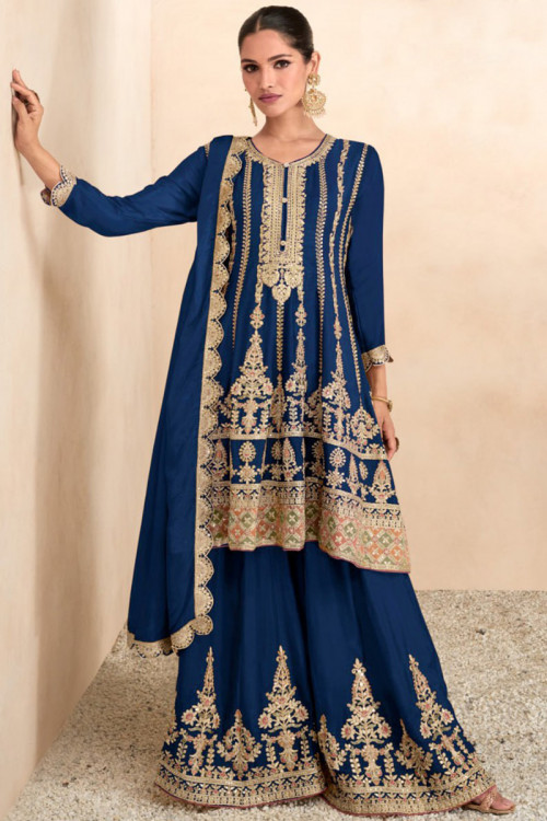 Embroidered Chinnon Navy Blue Frock Style Palazzo Suit