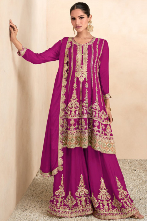 Embroidered Chinnon Rani Pink Frock Style Palazzo Suit