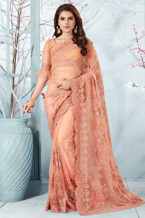 Embroidered Coral Peach Net Saree With Net Blouse