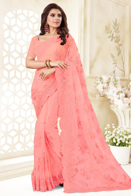 Embroidered Coral Pink Net Saree With Net Blouse