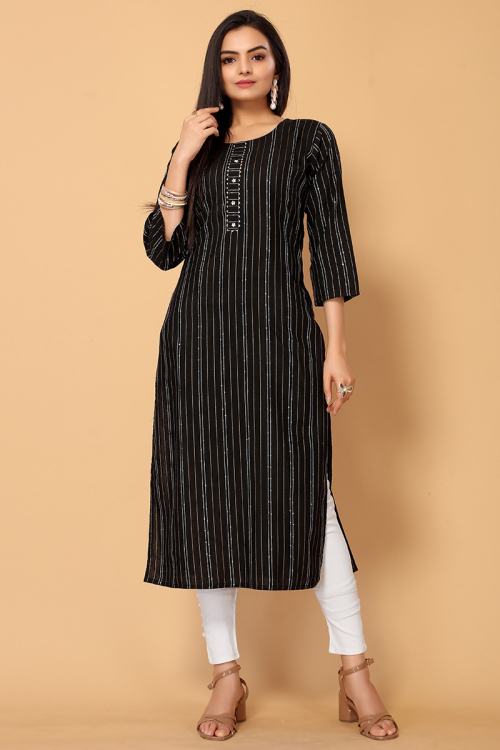 Embroidered Cotton Black Straight Cut Kurti