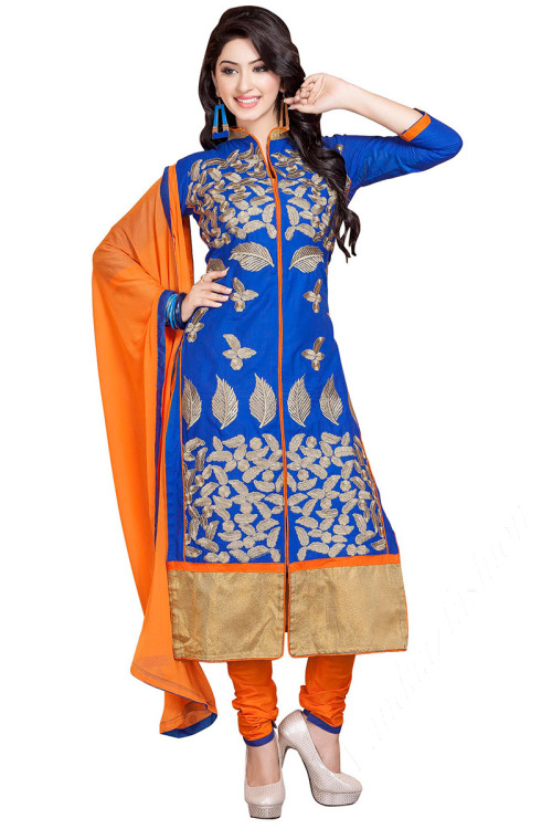 Embroidered Cotton Blue Churidar Suit