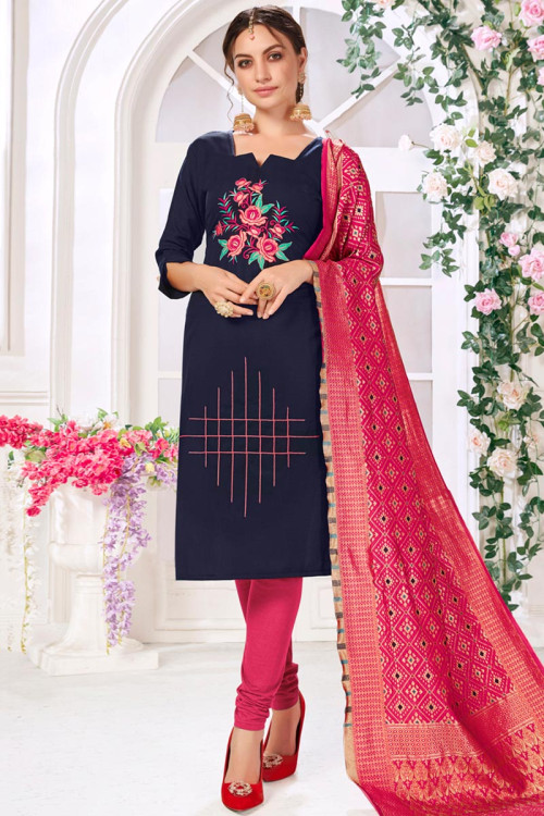 Embroidered Cotton Churidar Suit In Navy Blue Colour