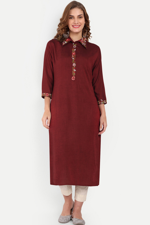 Embroidered Cotton Dark Maroon Casual Wear Ready Made Kurti