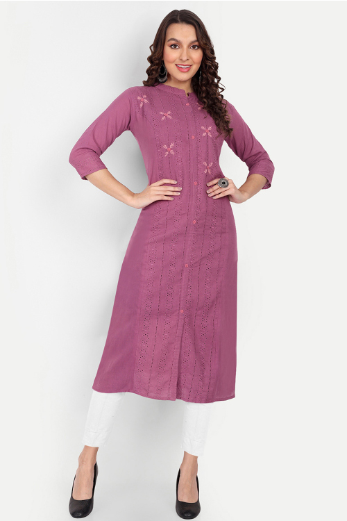 Embroidered Cotton Dusty Pink Straight Cut Ready Made Kurti