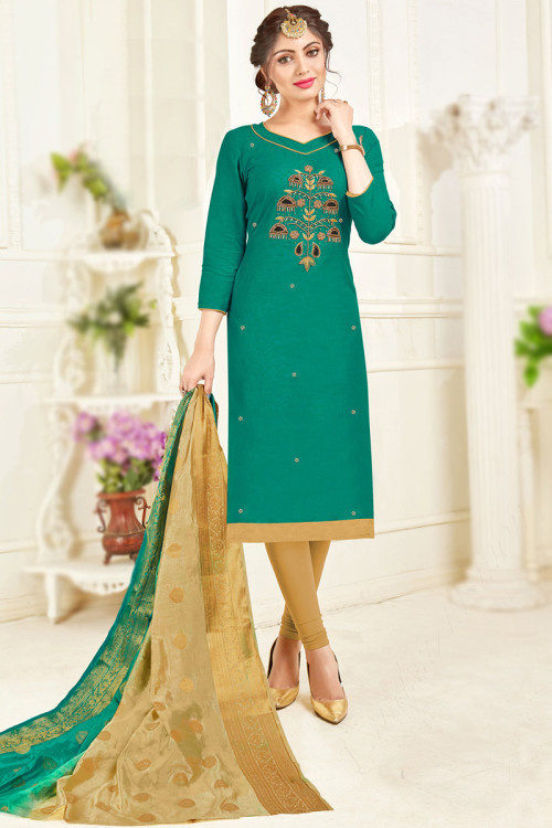 Embroidered Cotton Emerald Green Suit