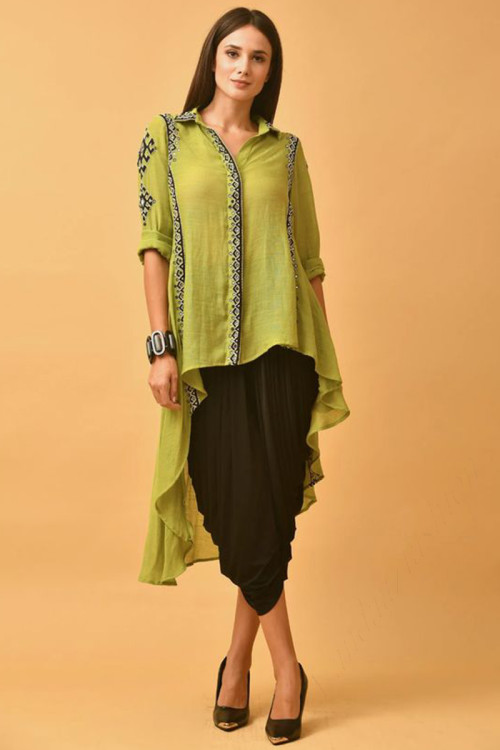 Embroidered Cotton Green Indo Western Style Dhoti Suit